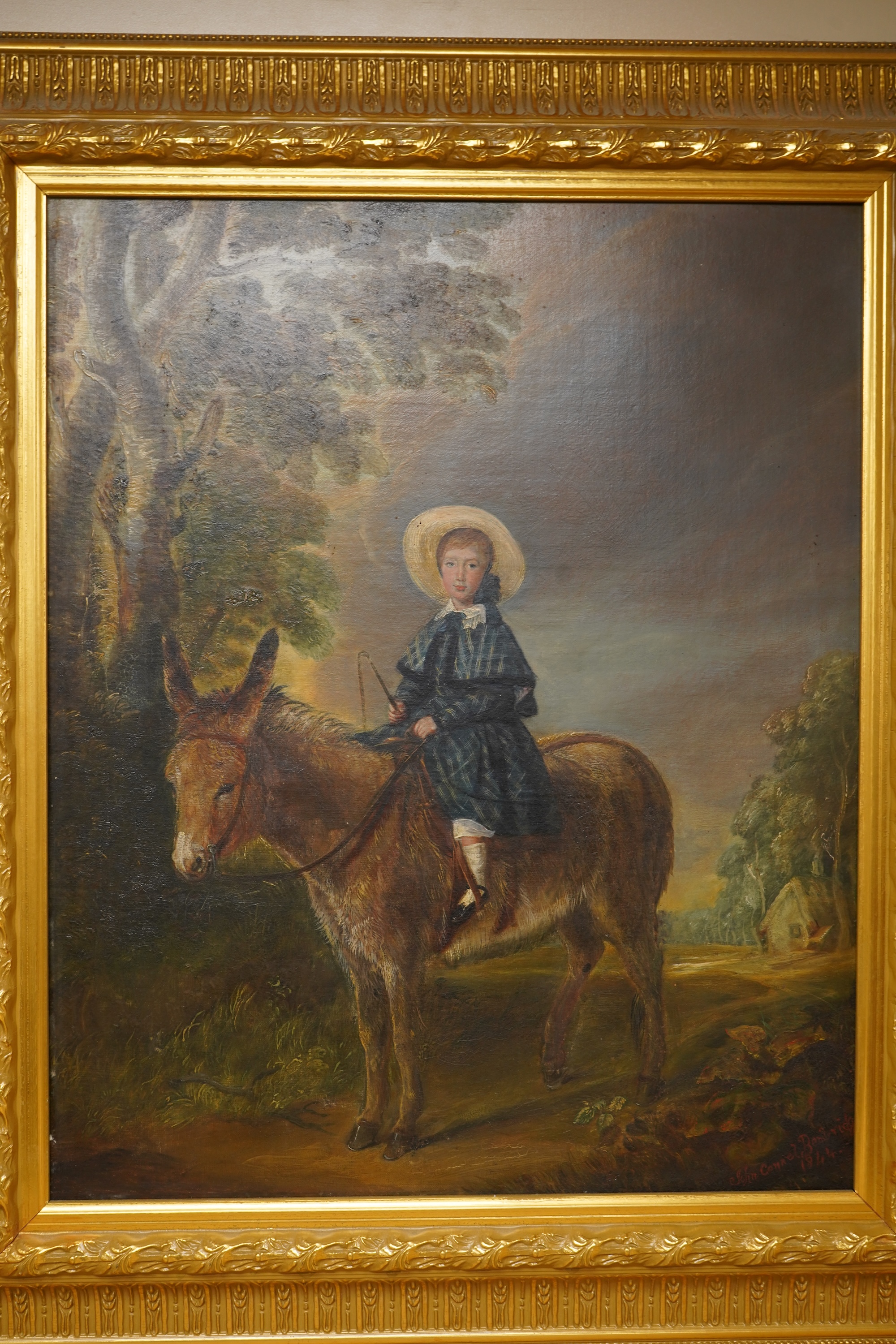 John Connell (19th. C), Portrait of a girl on a donkey at Bembridge, signed and dated 1844, oil on canvas, ornate gilt frame, 49 x 40cm